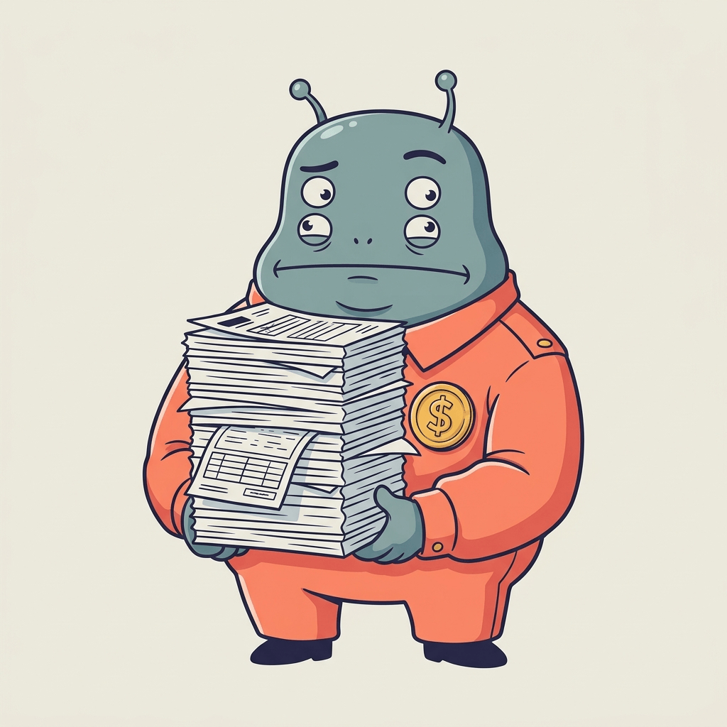 Officer Blorp — a confused alien cop in an oversized coral-orange uniform holding a giant stack of forms