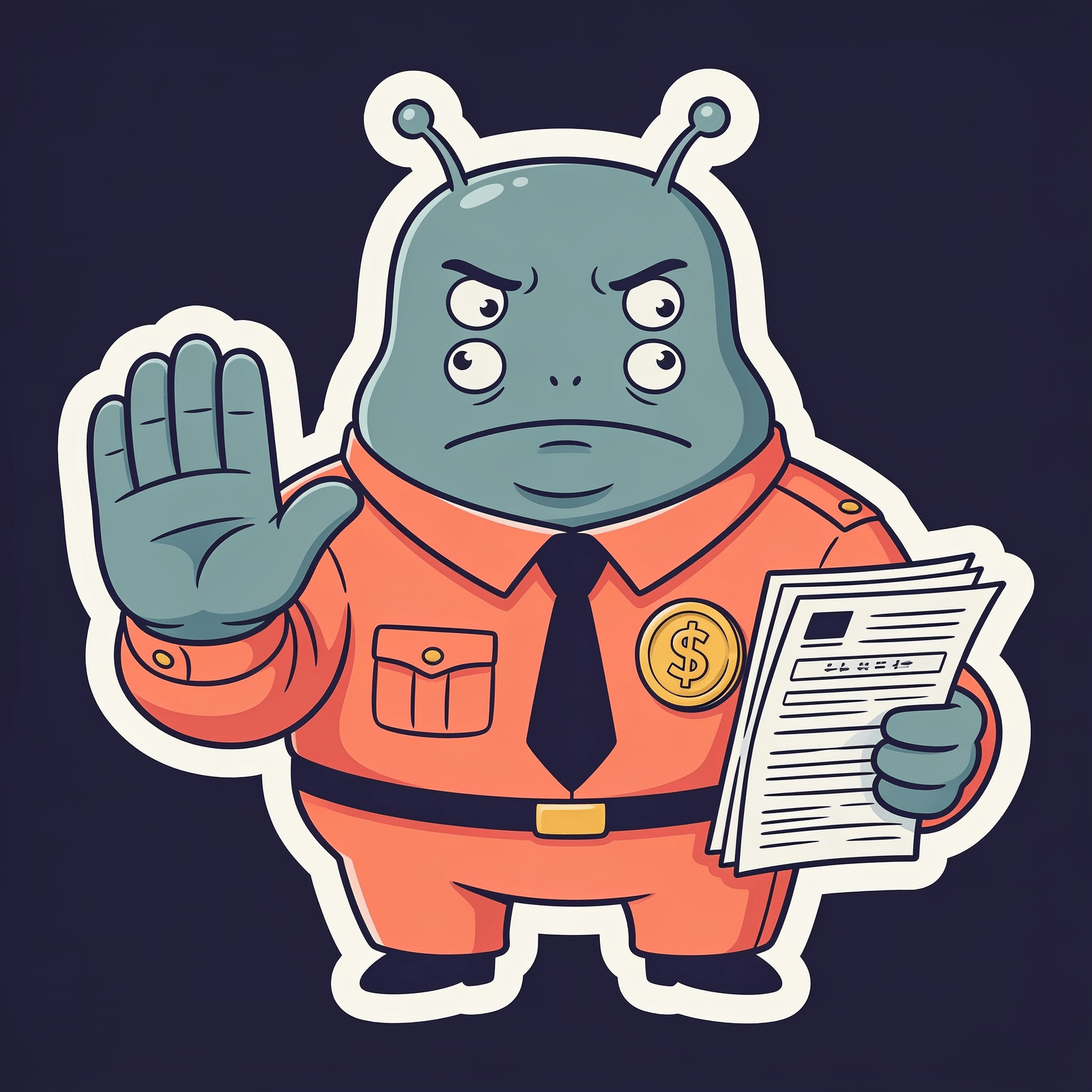 Officer Blorp holding up a STOP gesture while clutching papers, looking extremely authoritative but with no idea why