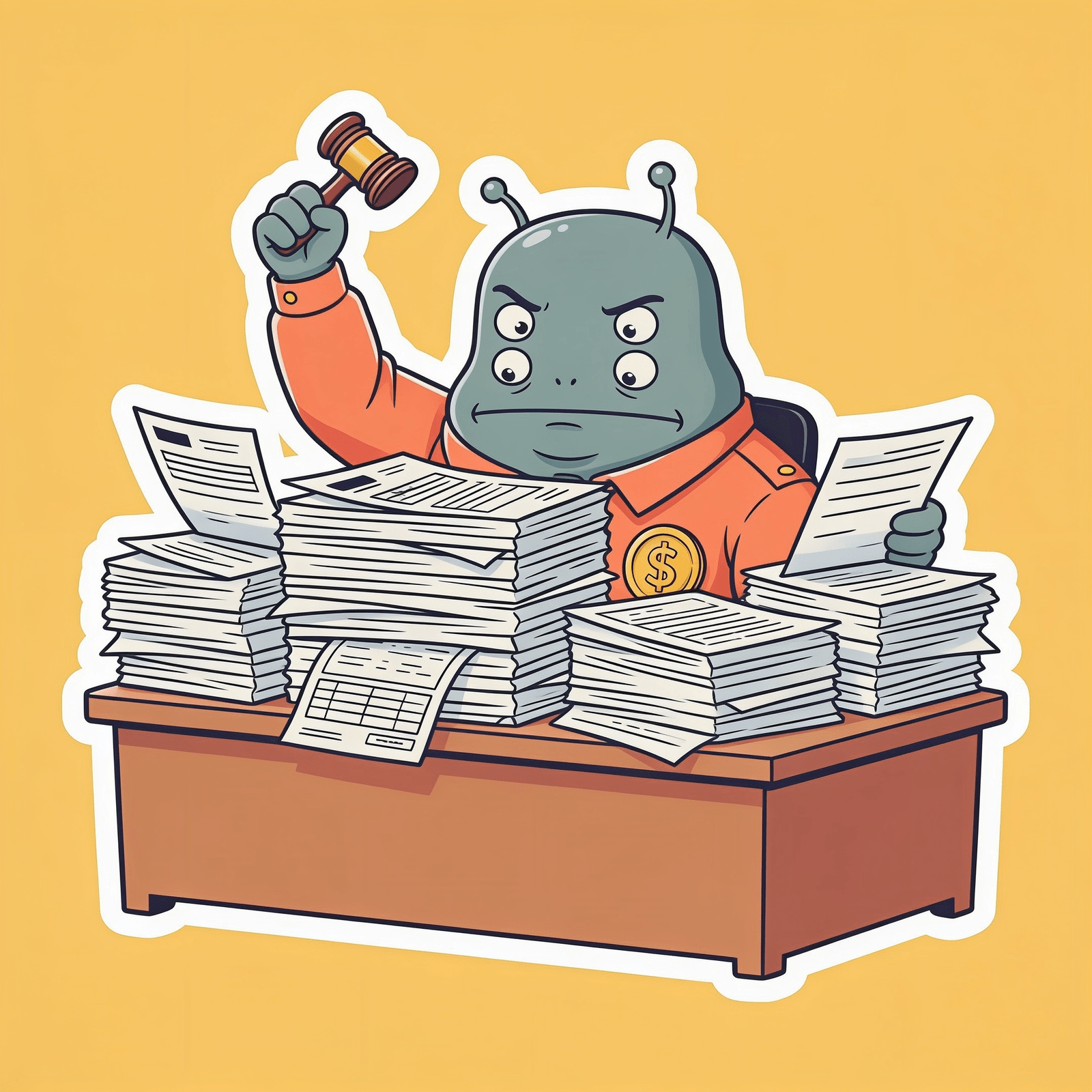 Officer Blorp at a desk buried under forms, rubber stamp raised mid-air, all eyes looking at different piles