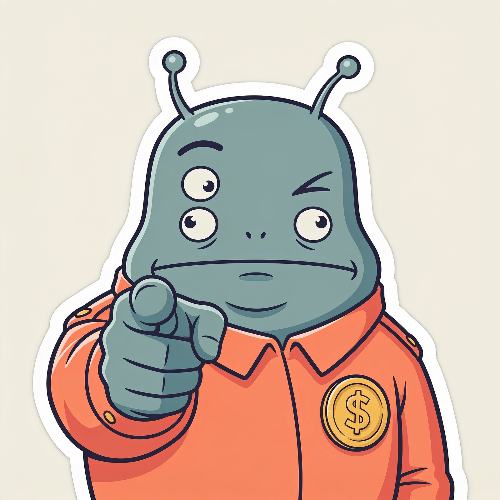Officer Blorp pointing finger-gun style slightly the wrong direction, one eye winking incorrectly, looking very confident about the wrong thing