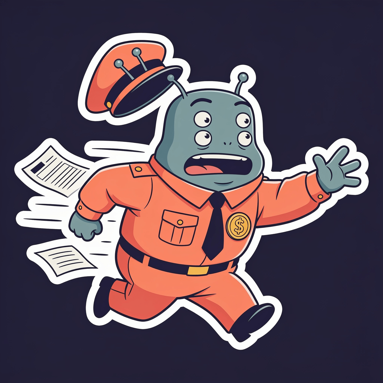 Officer Blorp mid-chase run, papers flying, hat off, four eyes wide with urgency, absolute bureaucratic emergency energy